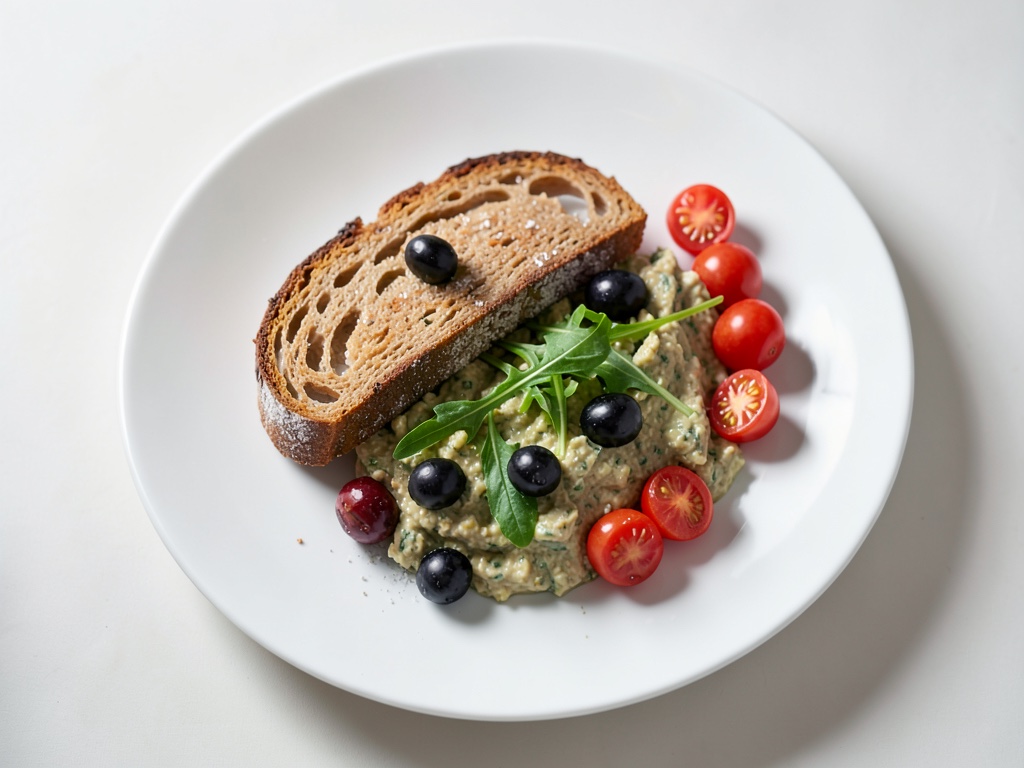 Roggenbrot mit Kartoffel-Oliven-Creme und Cherrytomaten