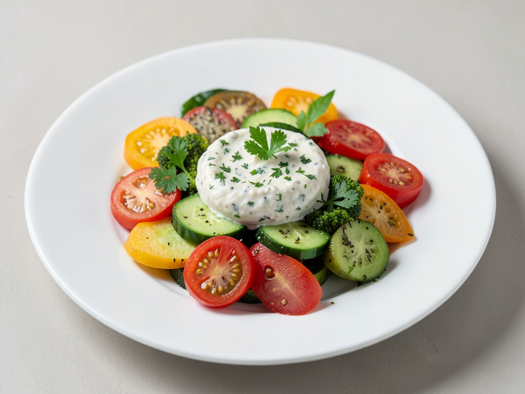 Plato fresco de verduras crudas con dip de requesón con hierbas