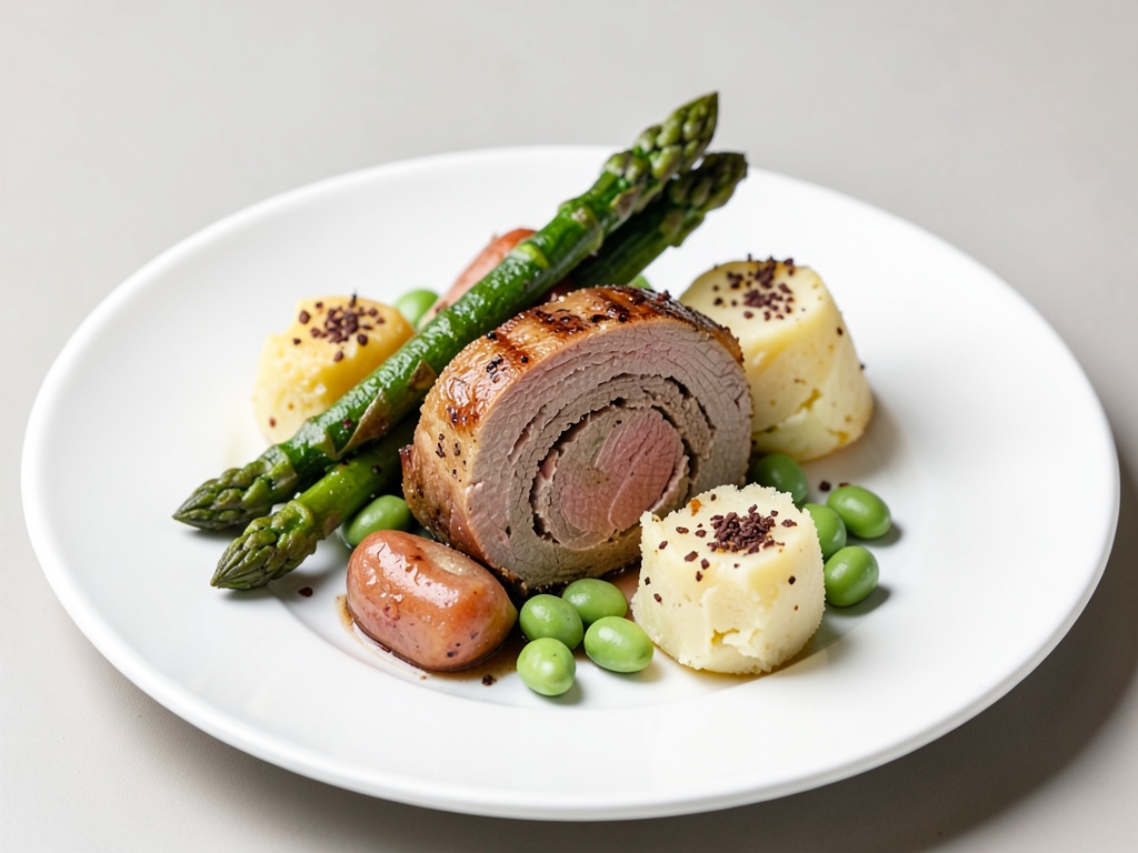 Roulades de bœuf aux asperges truffées, edamame et pommes de terre écrasées