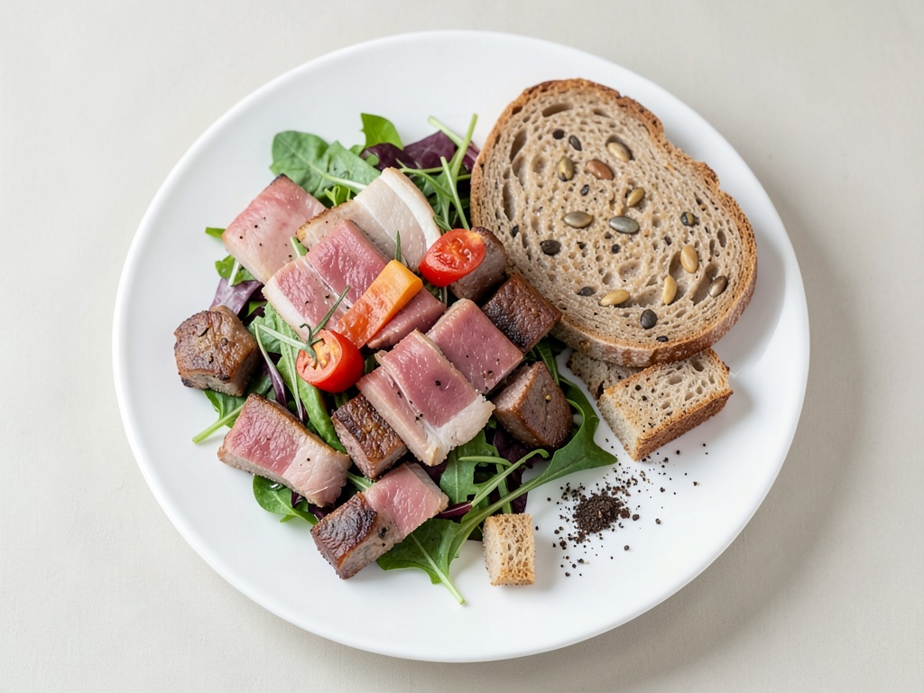 Tacchino croccante su insalata romana con crostini fatti in casa