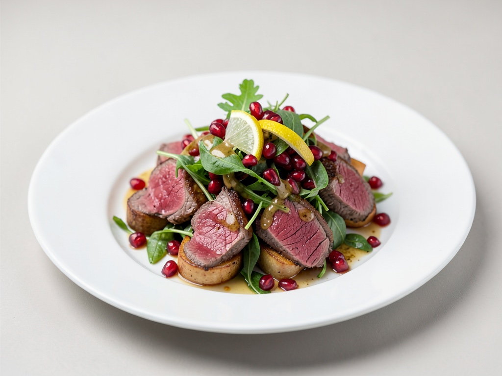 Salade de bœuf rosé grillé aux patates douces, grenade et vinaigrette gingembre-citron vert