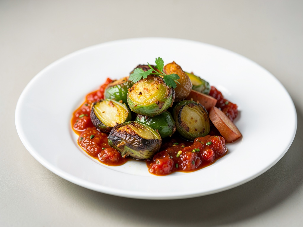 Cavolo di Bruxelles croccante al forno con patate dolci e chutney