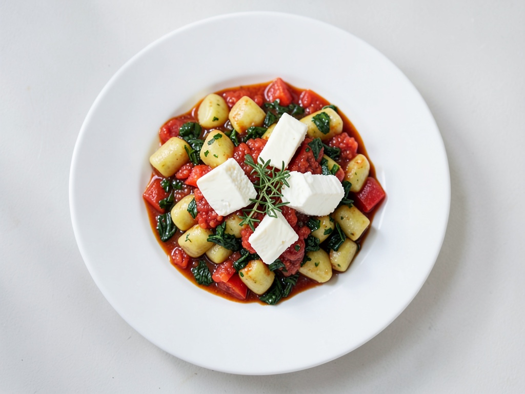 Gnocchi al burro al rosmarino con sugo di pomodori ed erbe e mozzarella sfilacciata