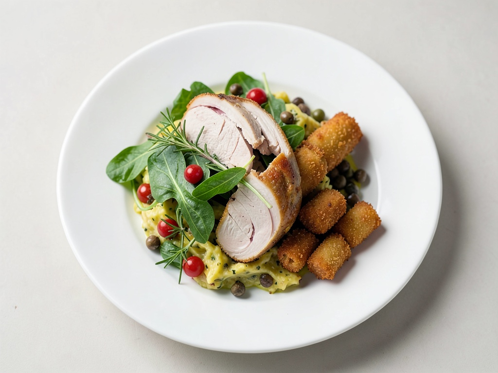 Cosce di pollo croccanti al rosmarino su insalata tiepida di patate e rucola con capperi croccanti