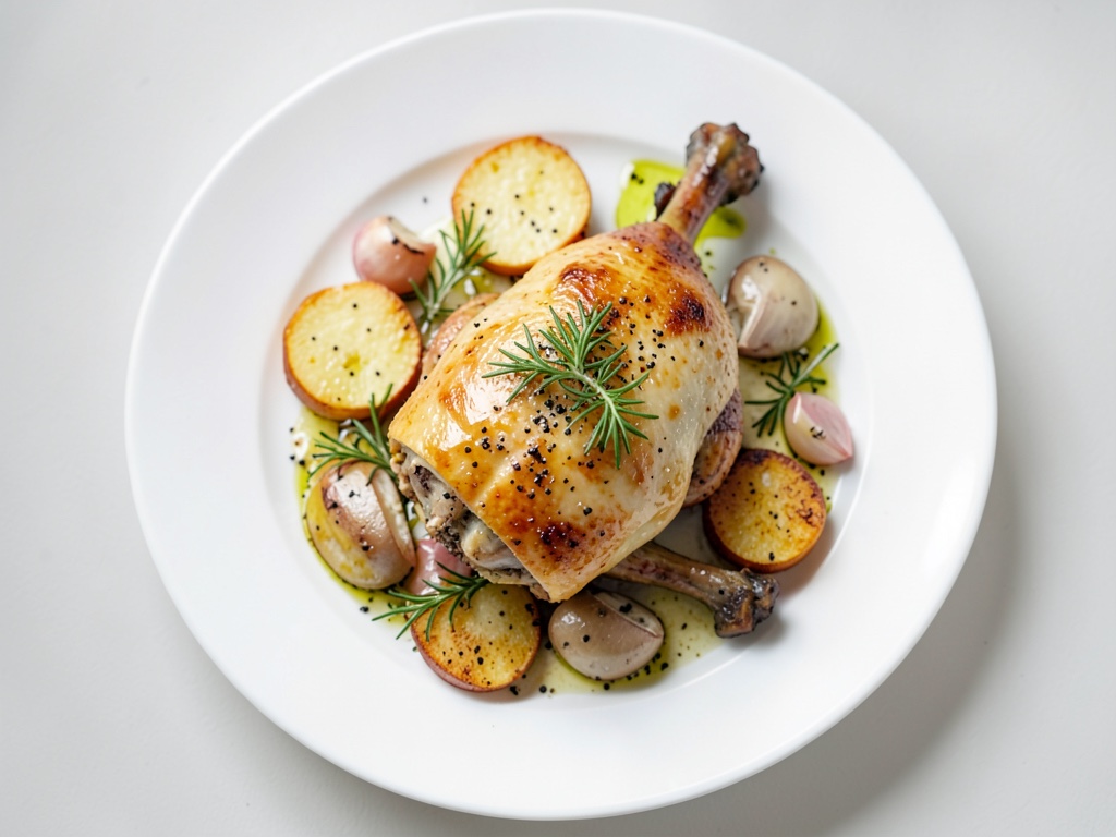 Pollo croccante al rosmarino con patatine al parmigiano, funghi e olio alle erbe