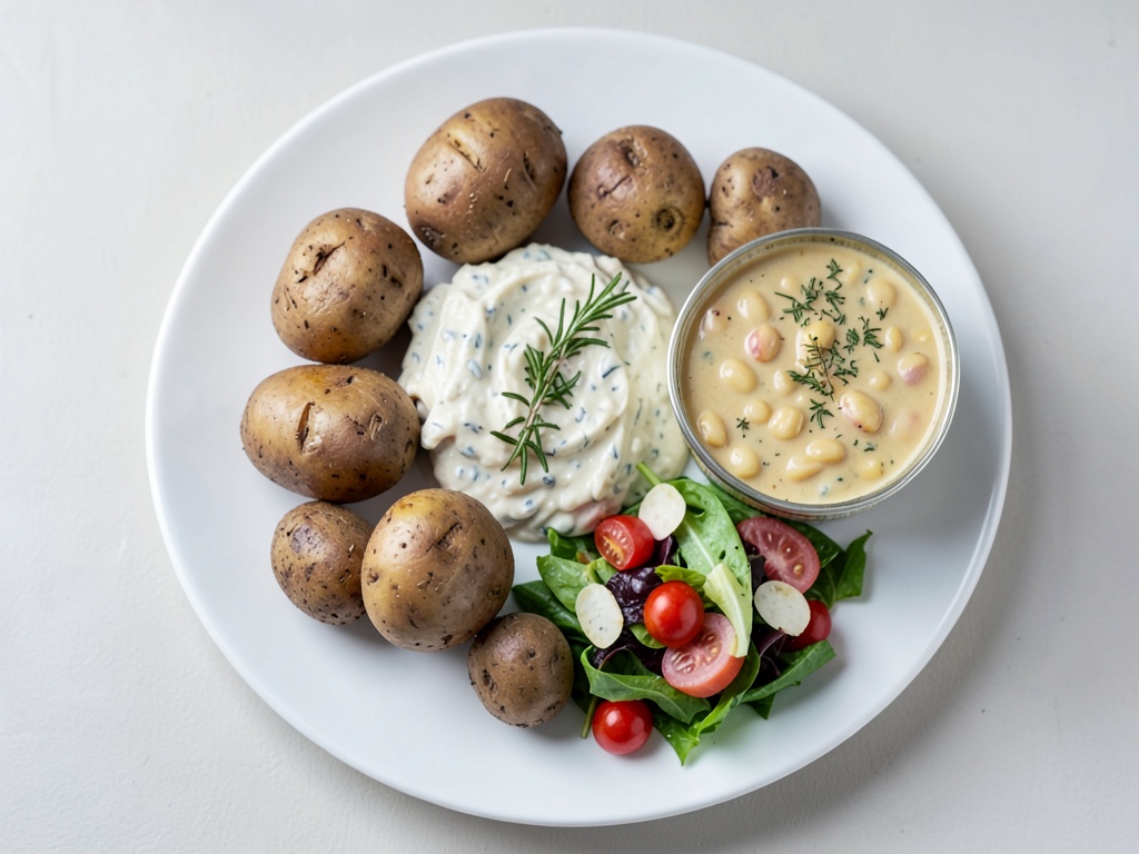 Patate croccanti al rosmarino, crema di fagioli e insalata caprese fresca