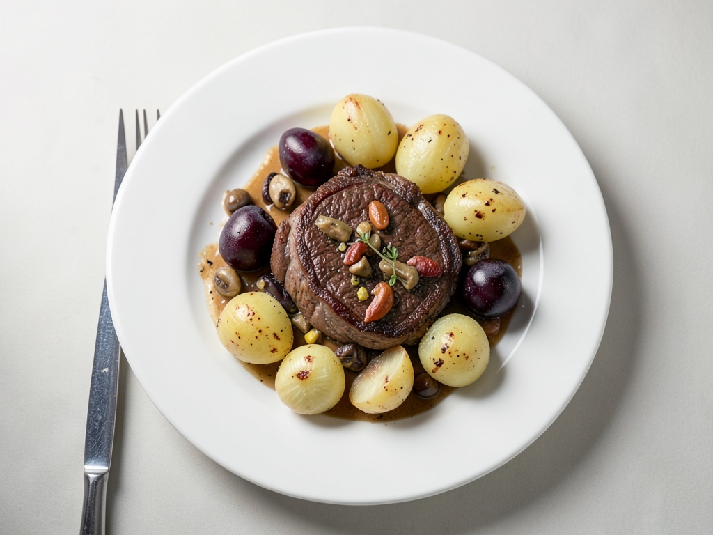 Bistecche al rosmarino con salsa di funghi e prugne e gnocchetti di patate croccanti