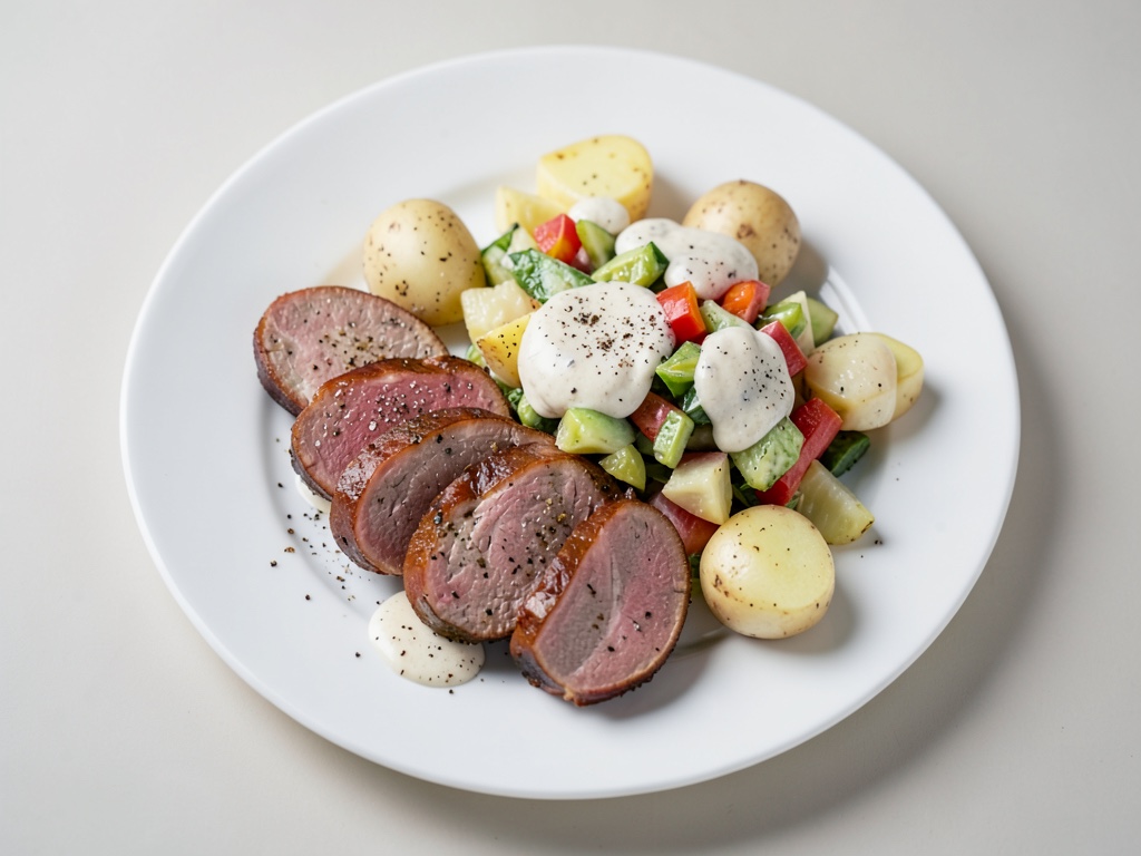 Salsicce croccanti con insalata tiepida di patate e cetrioli e condimento al senape e pancetta