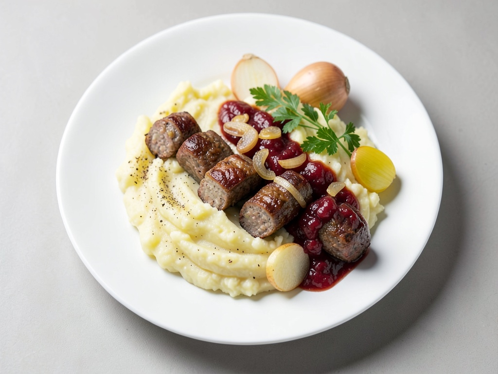 Salsicce croccanti con purè di patate cremoso, cipolle caramellate e salsa fresca all'uva