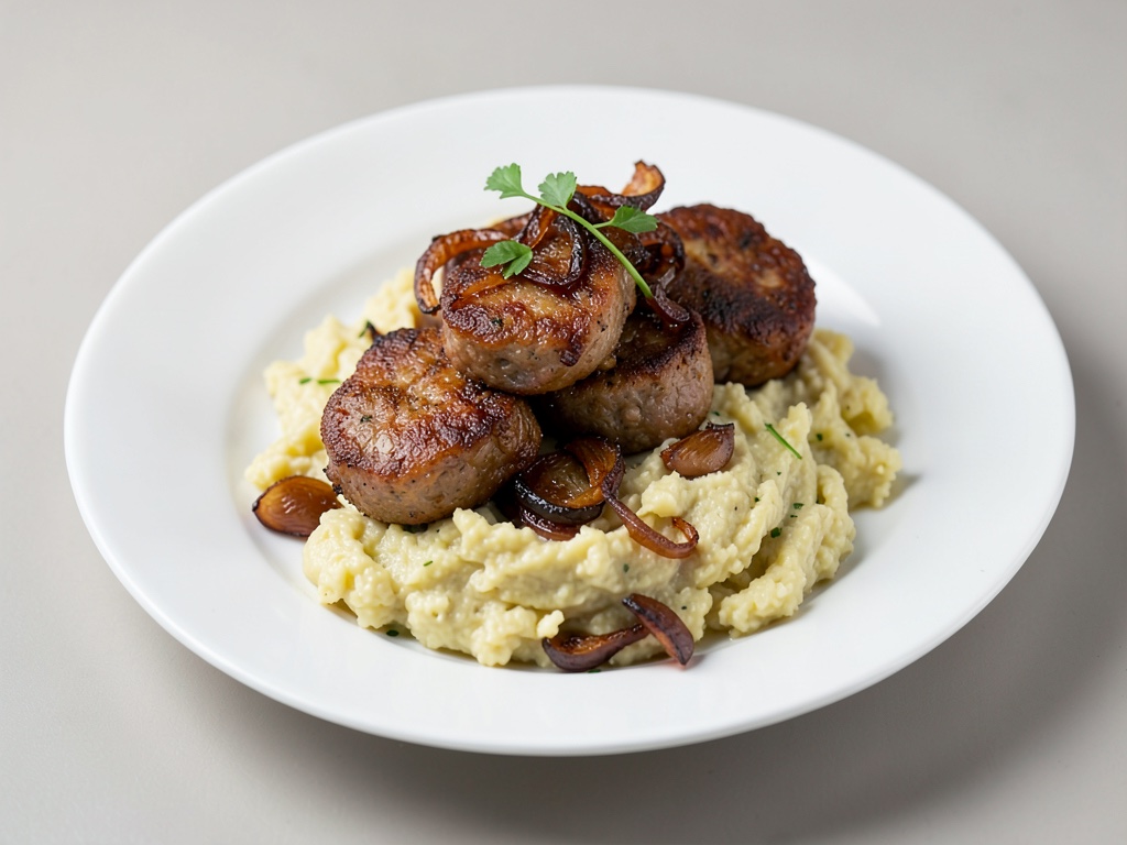 Saucisses grillées croustillantes avec purée crémeuse de chou rave et pommes de terre et oignons caramélisés