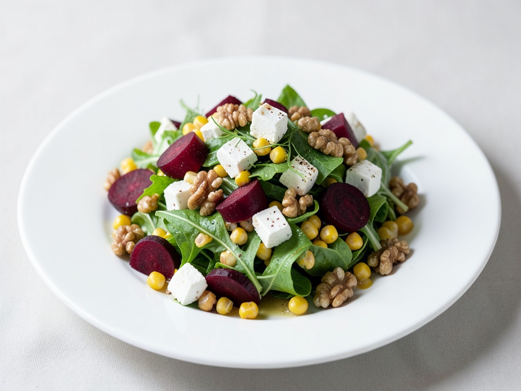 Insalata di valeriana con feta affumicato, barbabietola rossa e noci