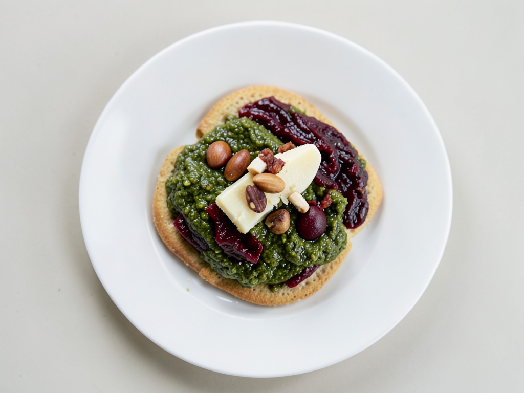 Pesto di barbabietola rossa su cracker primaverili con scaglie di Parmigiano