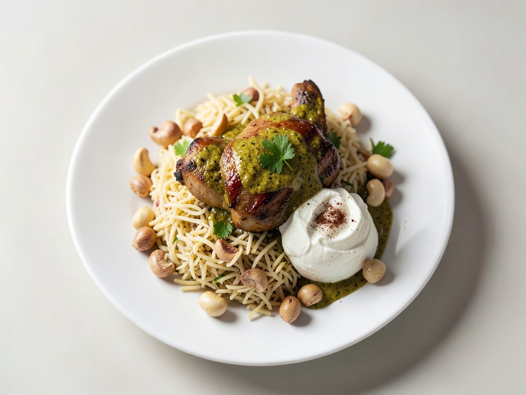 Curry di pollo rosso tailandese con latte di cocco, riso basmati e anacardi tostati