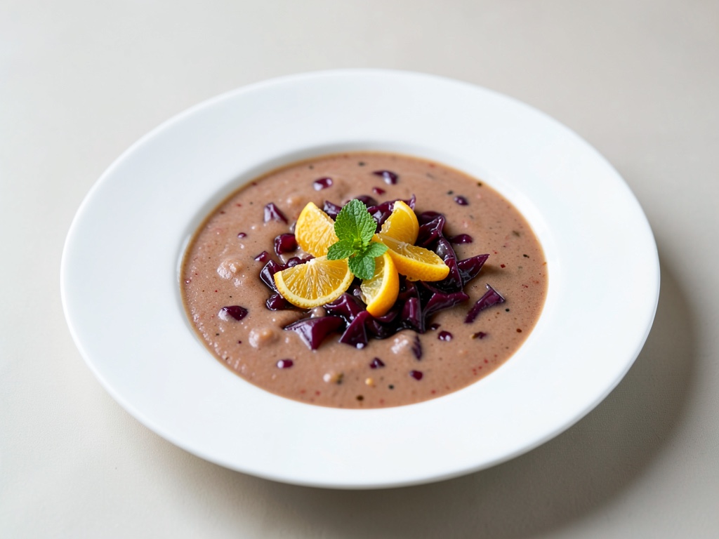 Sopa cremosa de col lombarda con trozos frescos de naranja