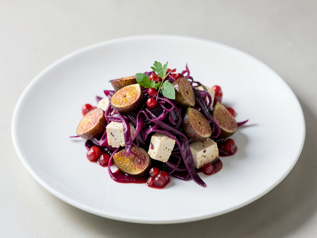 Insalata croccante di cavolo rosso con tofu, fichi e melograno