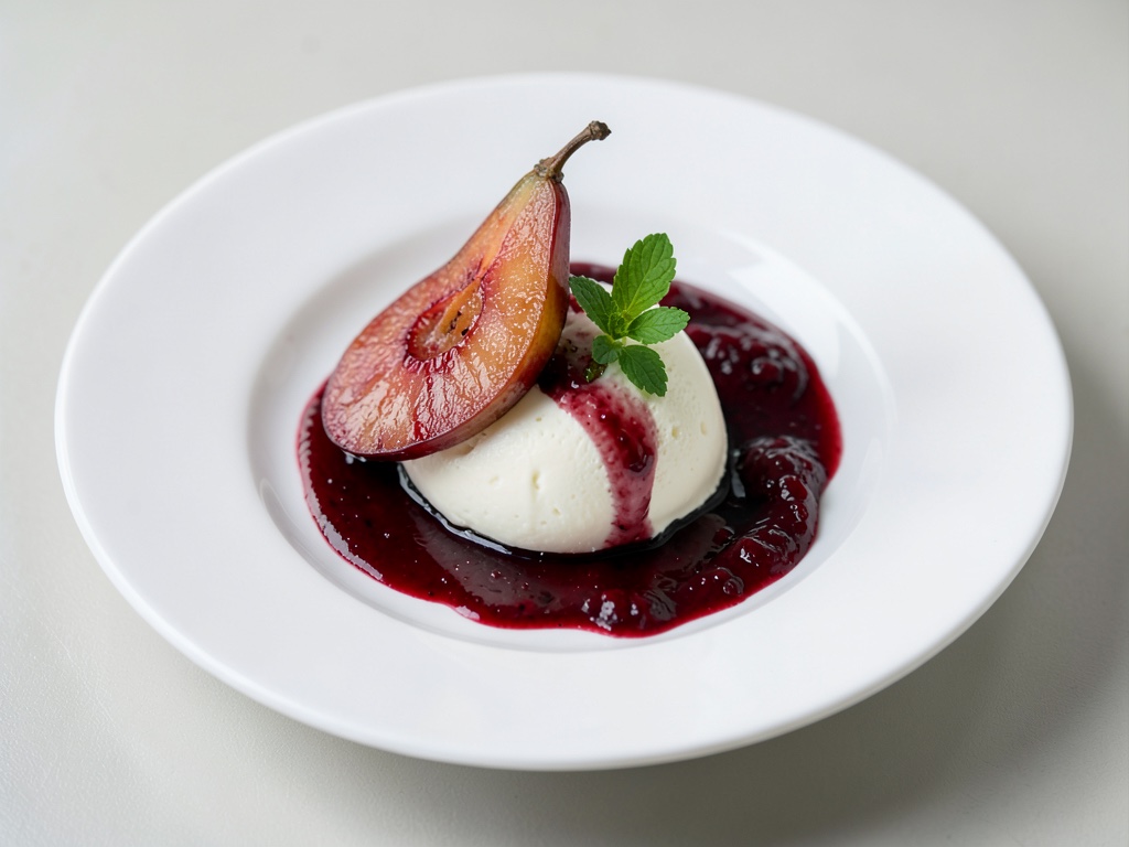 Pear con vino rosso con mousse bianca