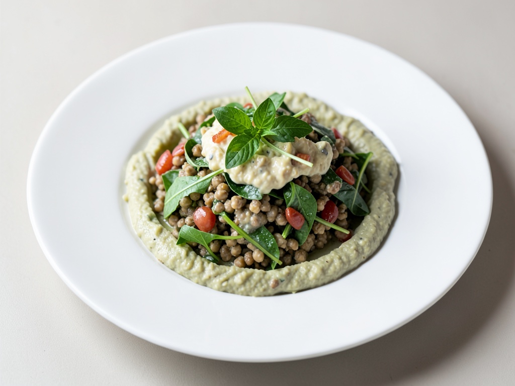 Insalata cremosa di lenticchie e rucola con hummus