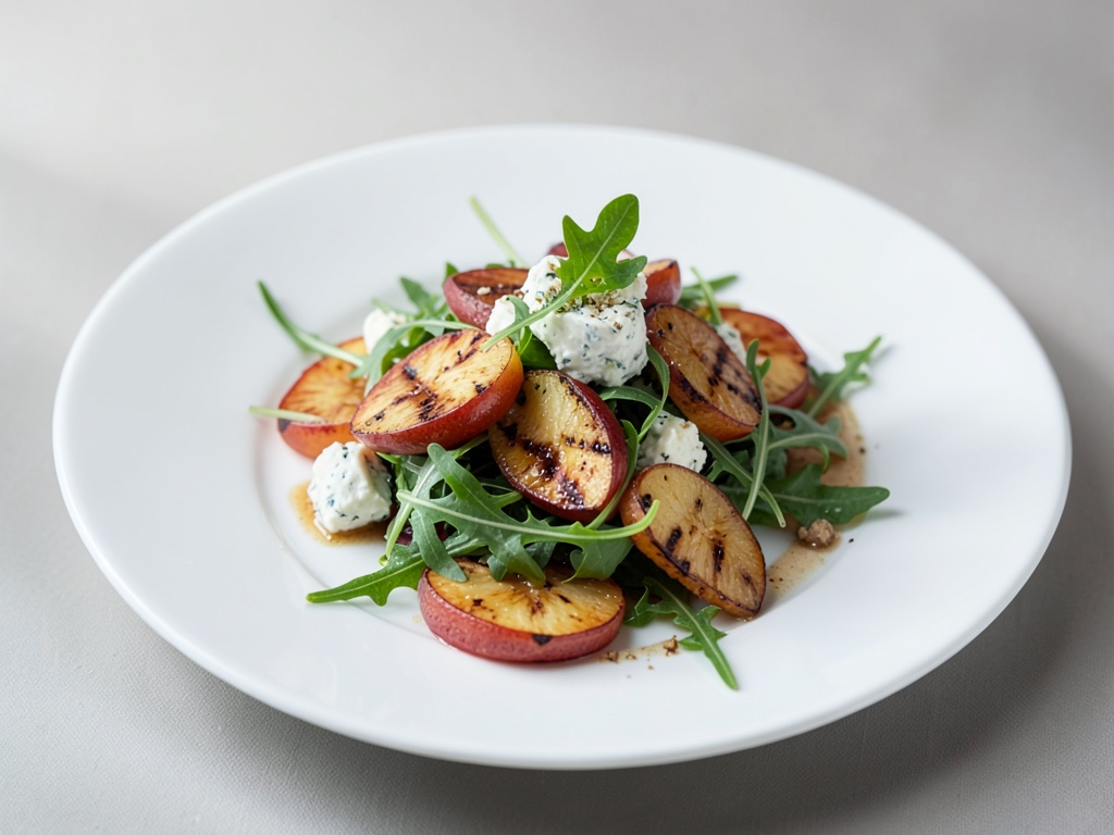 Insalata di pesca e rucola alla griglia con formaggio di capra