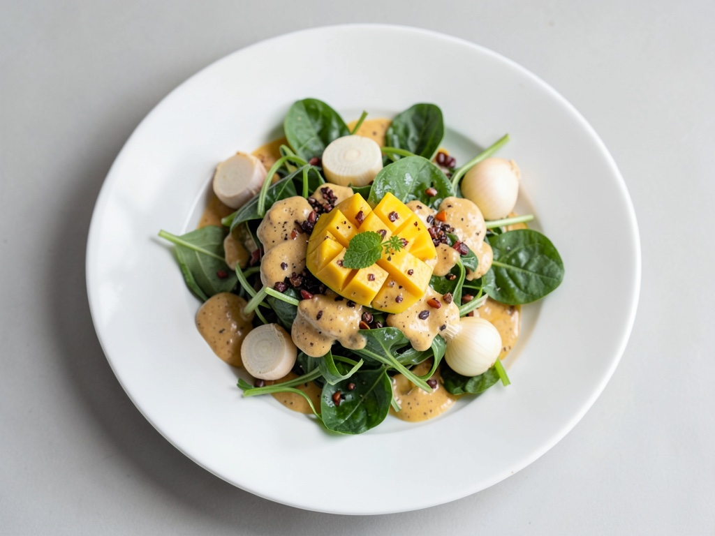 Ensalada de rúcula con aderezo de mango