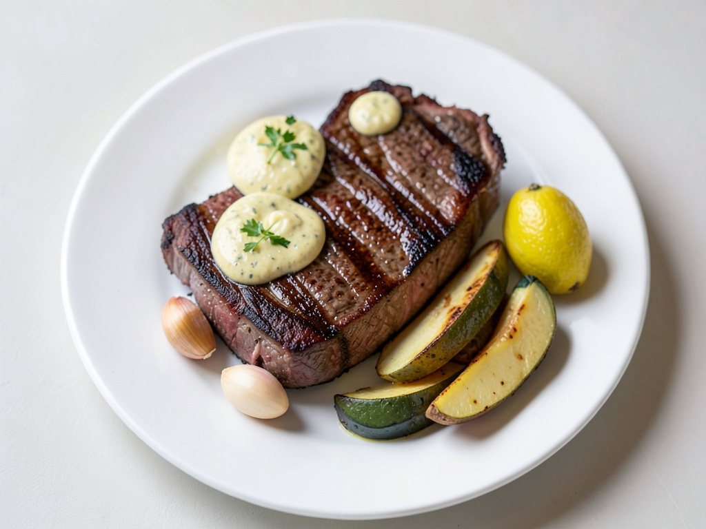 Rindfleisch-Steak im Under-Heat-Garverfahren mit Zitronen-Dip und Auberginen-Sticks