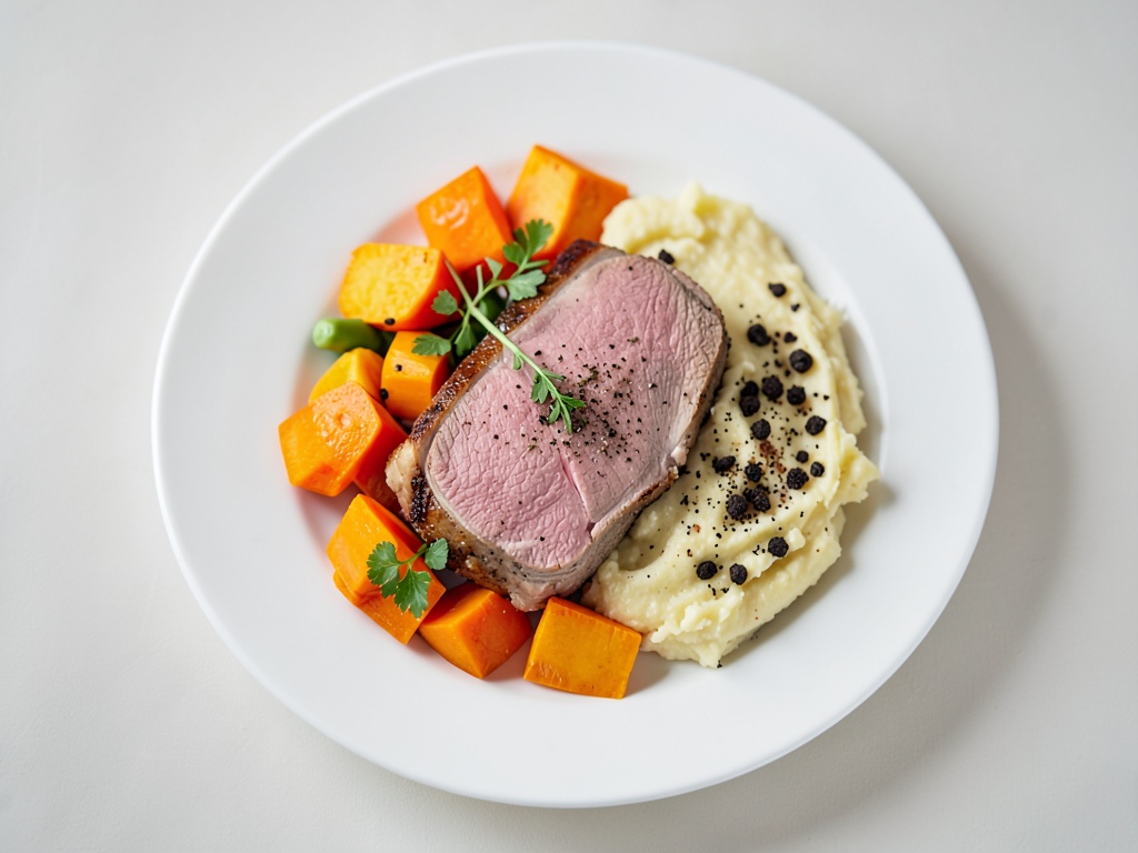 Slow-Roasted Pork Tenderloin with Pumpkin Vegetables and Truffle Mashed Potatoes