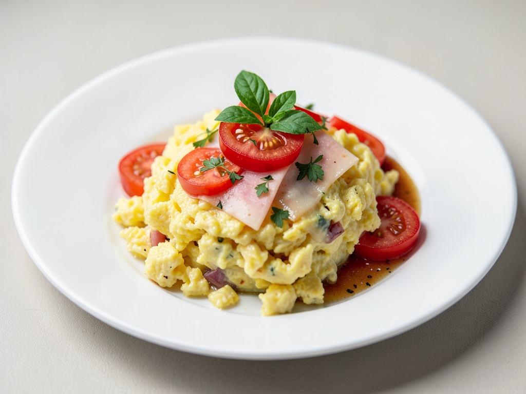Huevos revueltos al vapor con Emmental y tomates