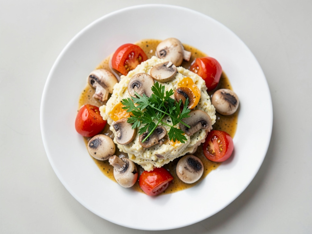Huevos revueltos de champiñones con tomates y cebollino