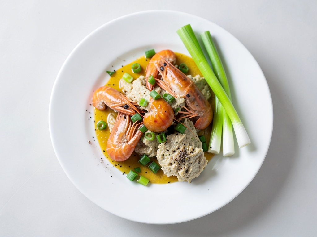 Huevos revueltos esponjosos con gambas y cebolletas