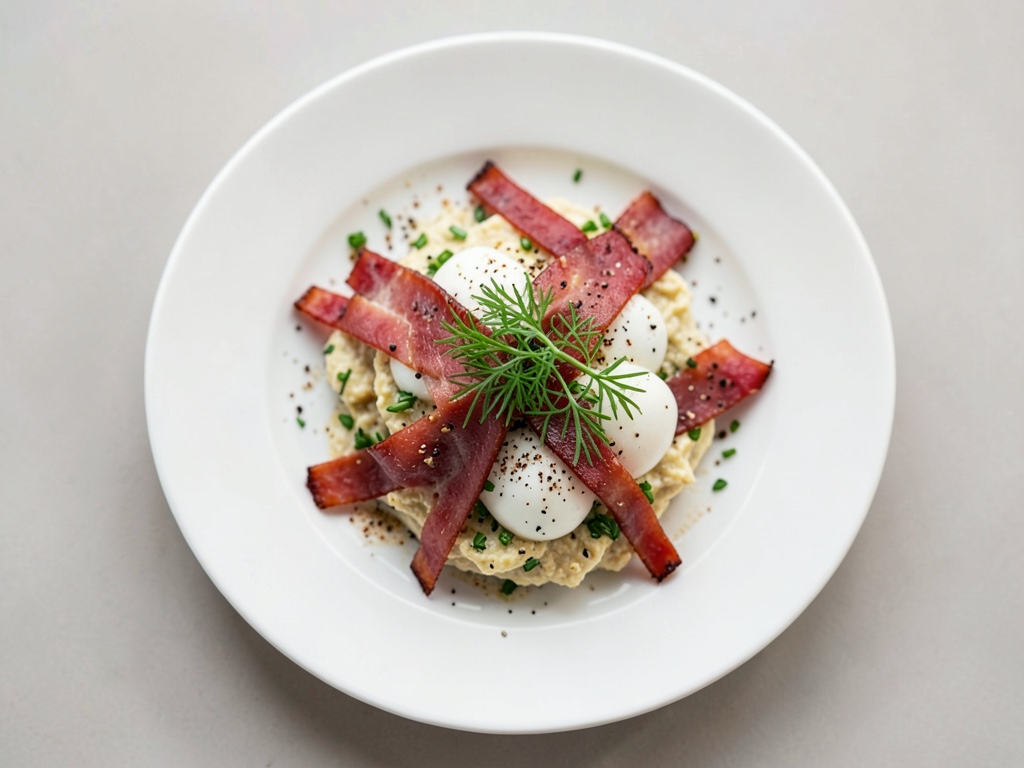 Huevos revueltos con tiras de bacon crujientes