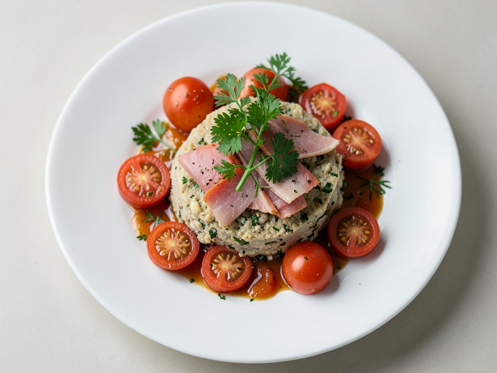 Huevo revuelto esponjoso con jamón y tomates