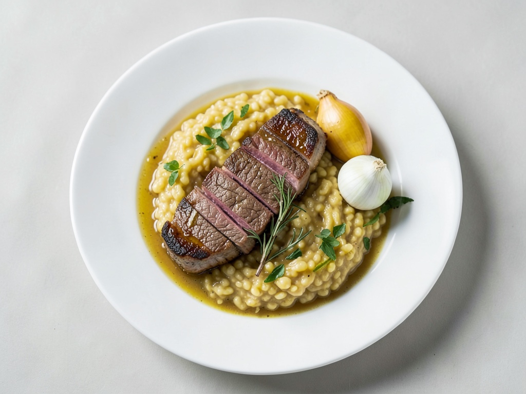 Bistec di manzo succoso con risotto cremoso e insalata romana croccante