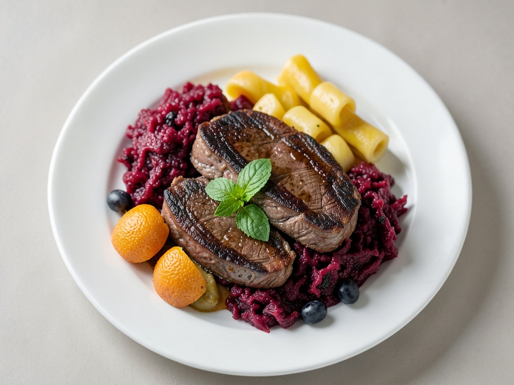Bistec di scottona succoso con spätzle fatti in casa e cavolo rosso dolce-acidino