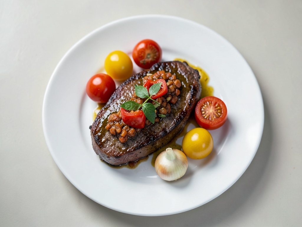 Bistec di manzo al rum succosi con una miscela saporita di peperoni e pomodori