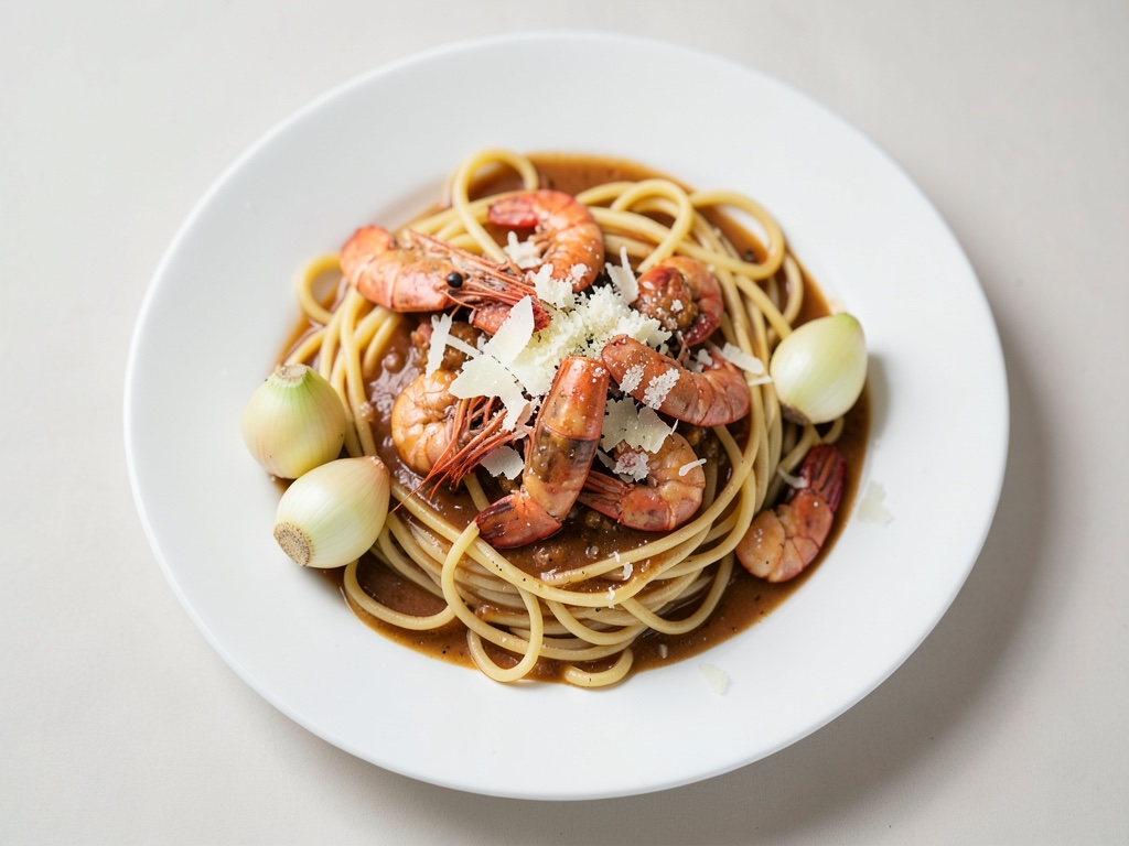 Tagliatelles au safran aux crevettes en sauce tomate au vin blanc et parmesan râpé