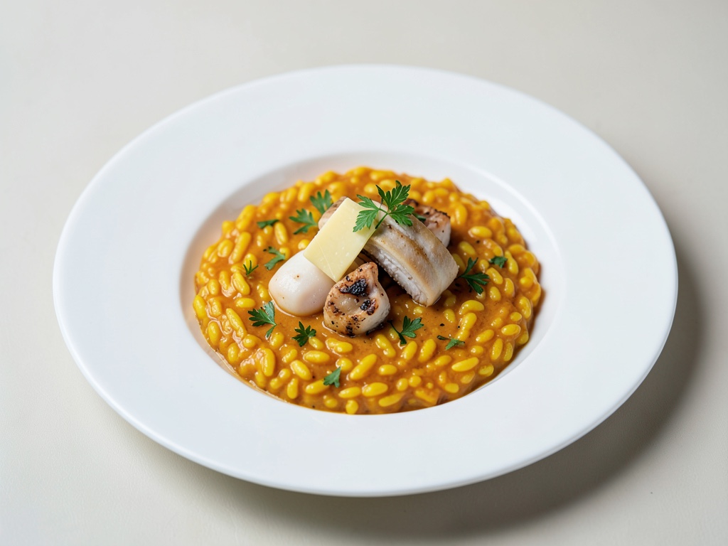 Risotto allo zafferano con pesce pietra e burro al prosecco