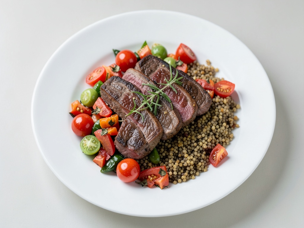 Saftige Rinderstreifen mit Thymian-Paprika und Tomaten-Bulgur