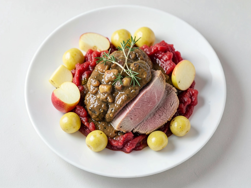 Saftiges Putengulasch mit Apfel-Rotkohl und Bratkartoffelklößen