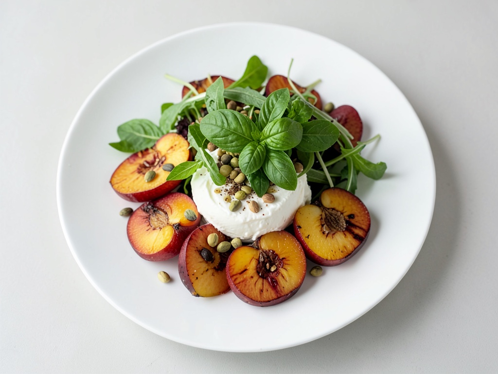 Insalata con basilico e albicocche fritte con formaggio fresco alle pistacchi