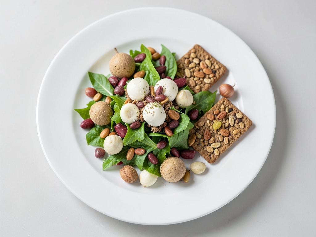 Insalata colorata con palline di formaggio fresco e cracker alle noci