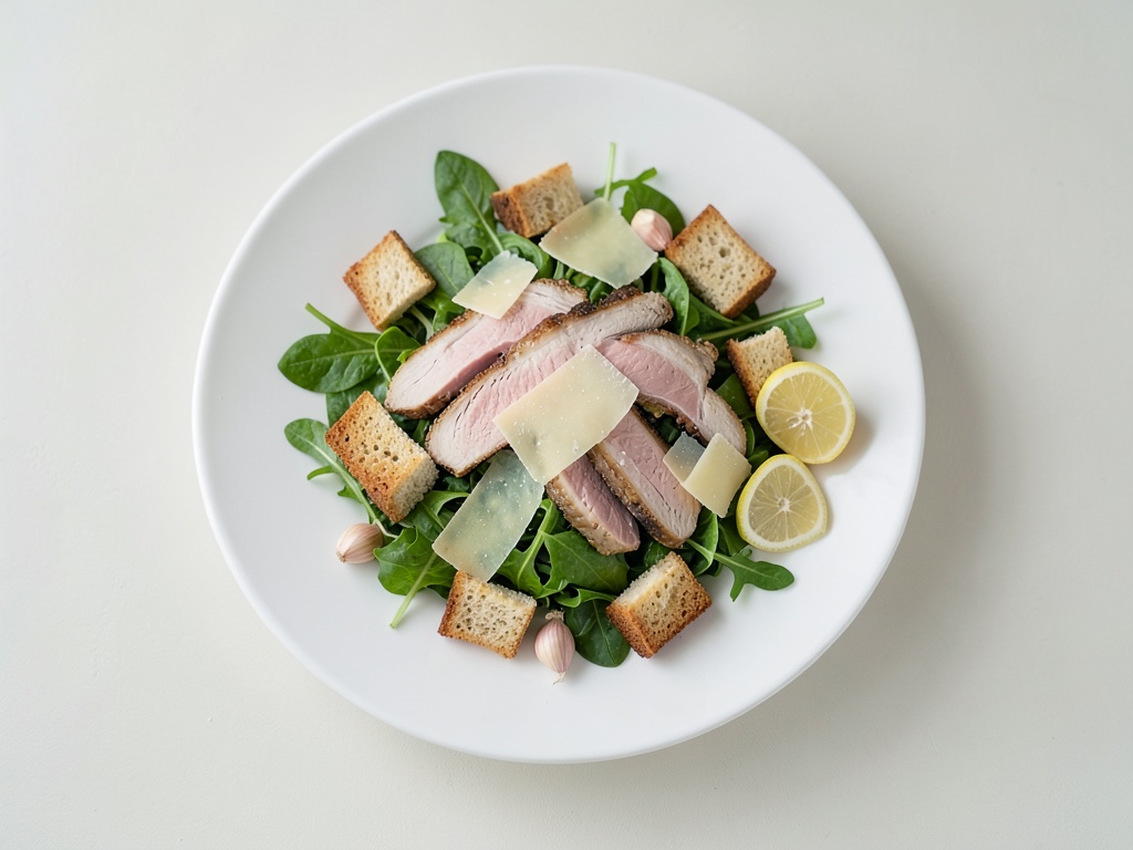 Insalata con striscioline di pollo, crostini e parmigiano