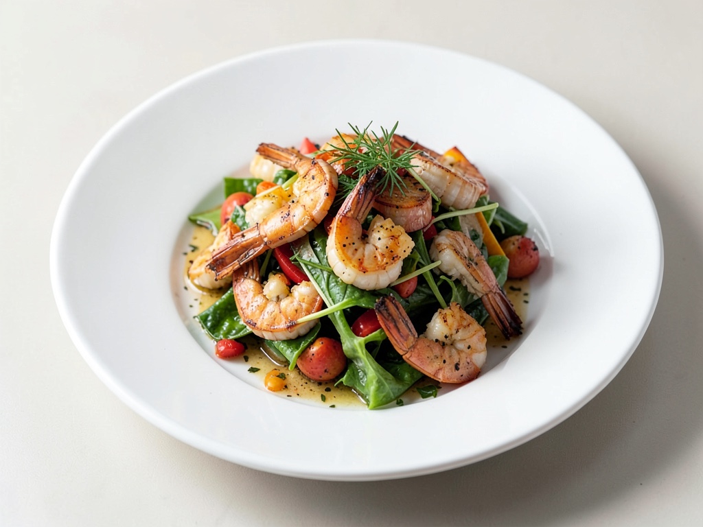 Insalata di verdure al forno con gamberi e uova