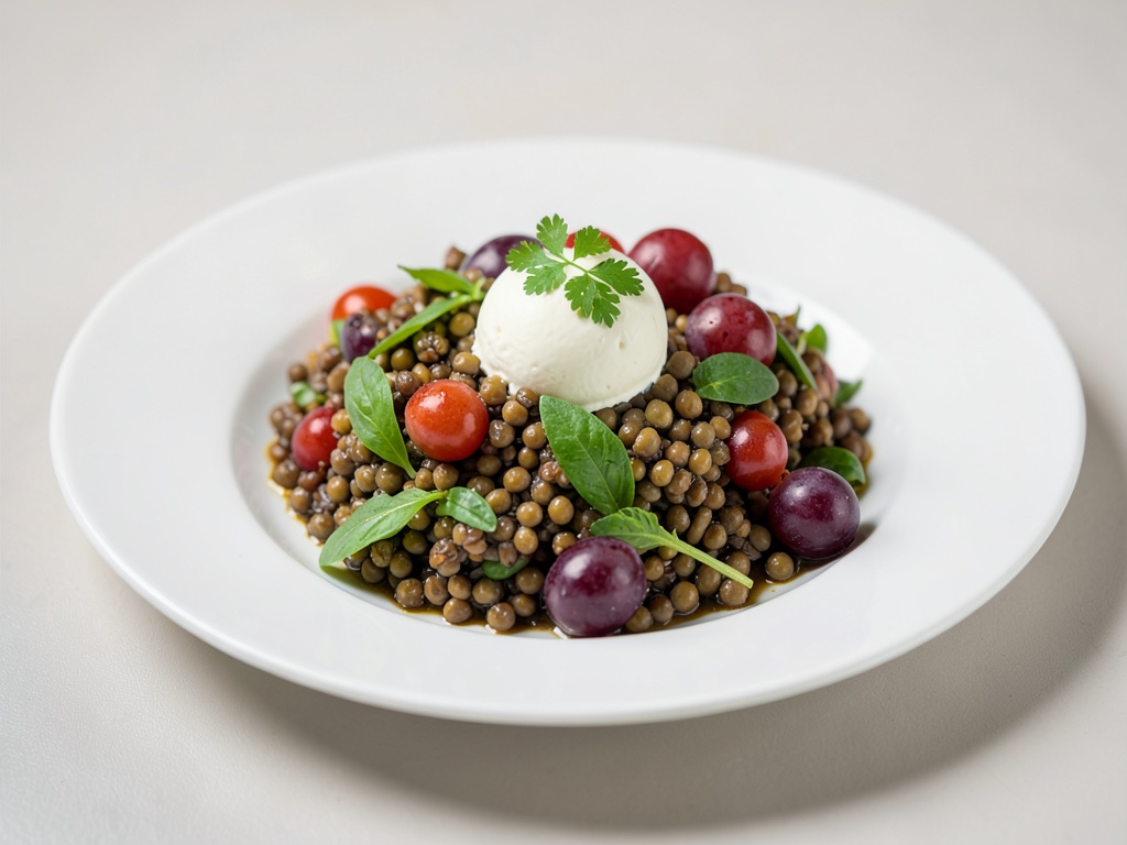 Insalata tiepida di lenticchie con Camembert e uva