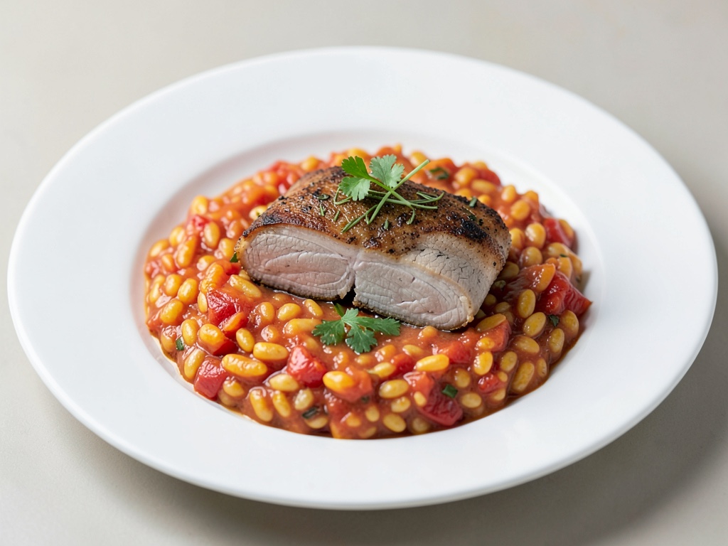 Cotoletta di vitello Saltimbocca su risotto cremoso al pomodoro