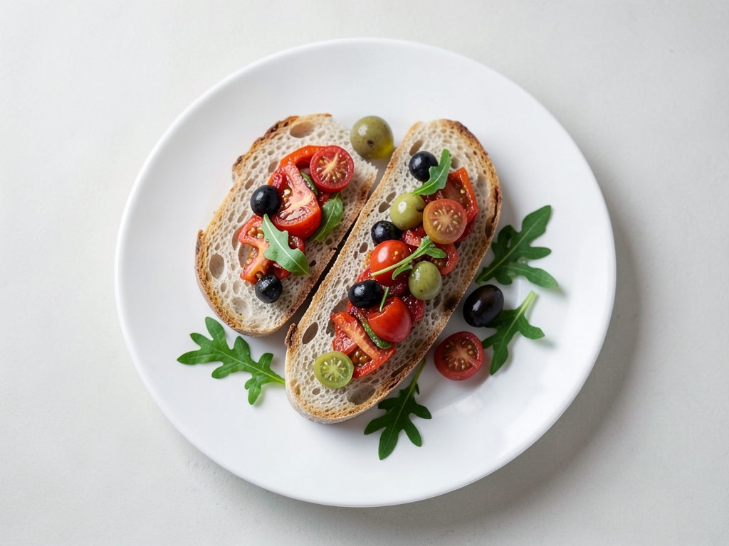 Baguette crujiente con pimientos asados y aceitunas