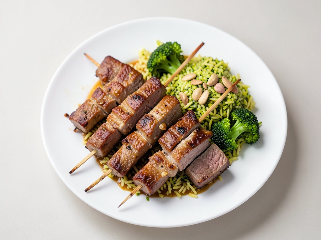 Spiedini Saté con riso jasmin e broccoli alle mandorle
