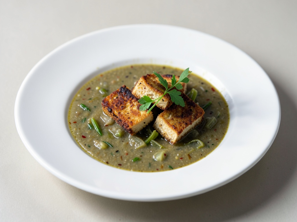 Sopa de chucrut sabrosa con tofu ahumado crujiente