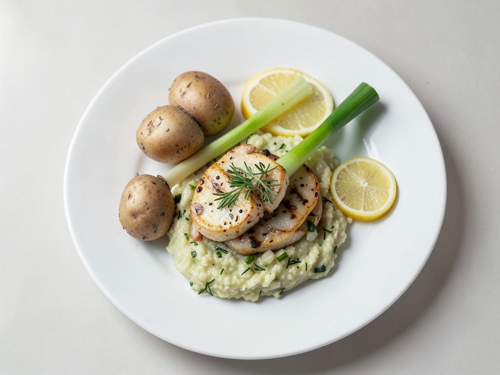 Cotoletta al limone con purè di patate e porro e pesto di aglio orsino