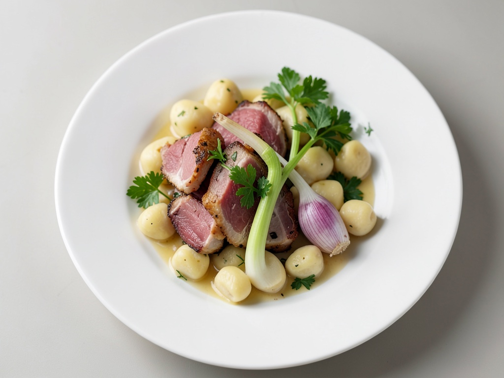 Escalopes à la crème avec gnocchis frais et poireaux