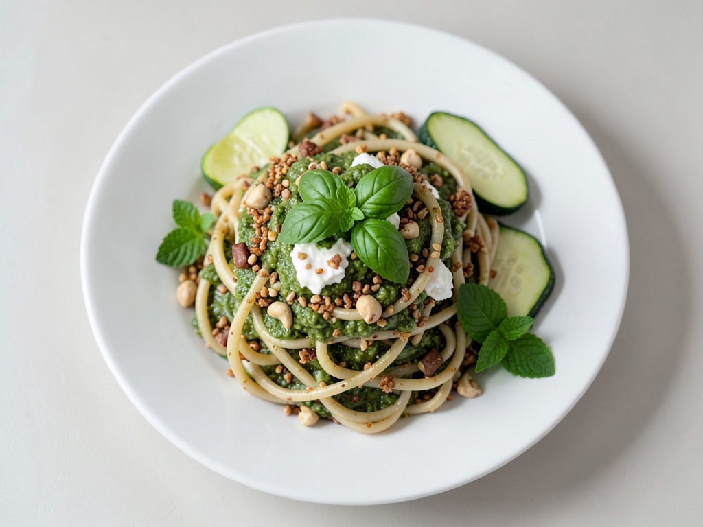 Zoodles épicés avec fromage frais rôti, pesto et croquant de noix de cajou et sésame