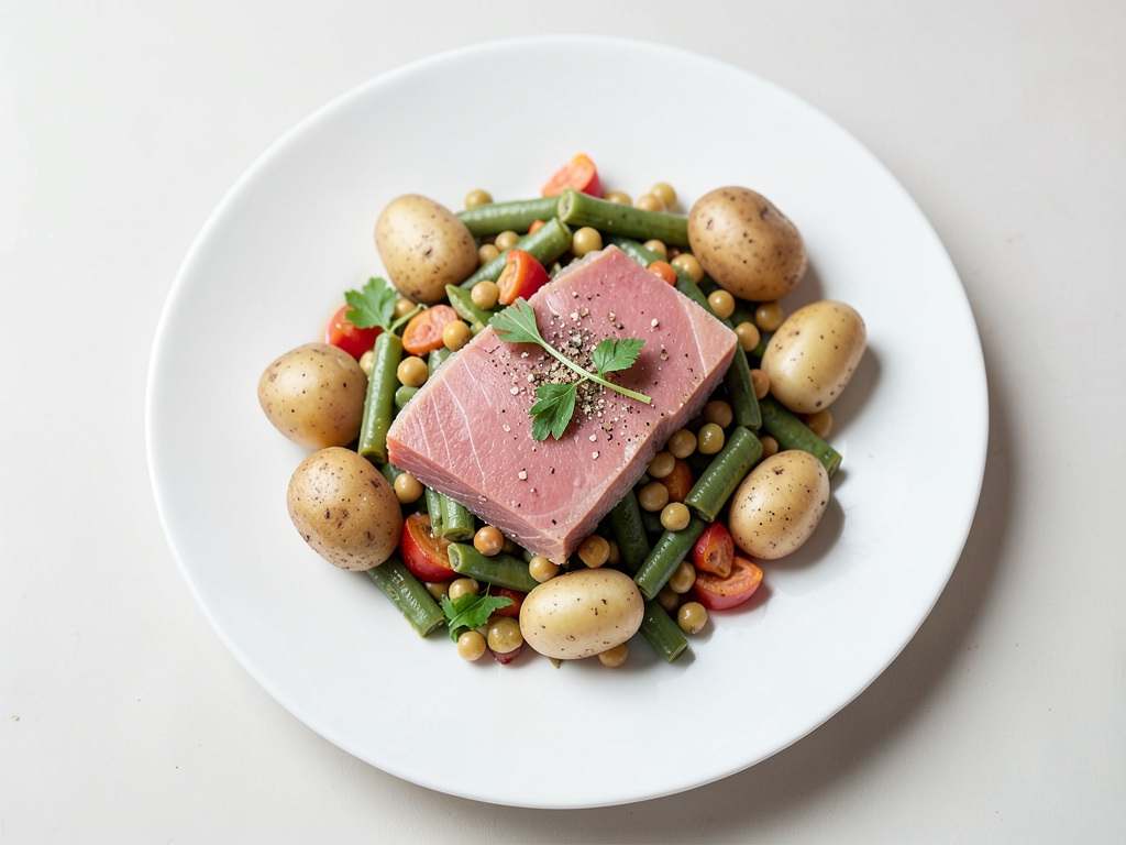 Insalata di patate e fagioli piccante con salmone poché